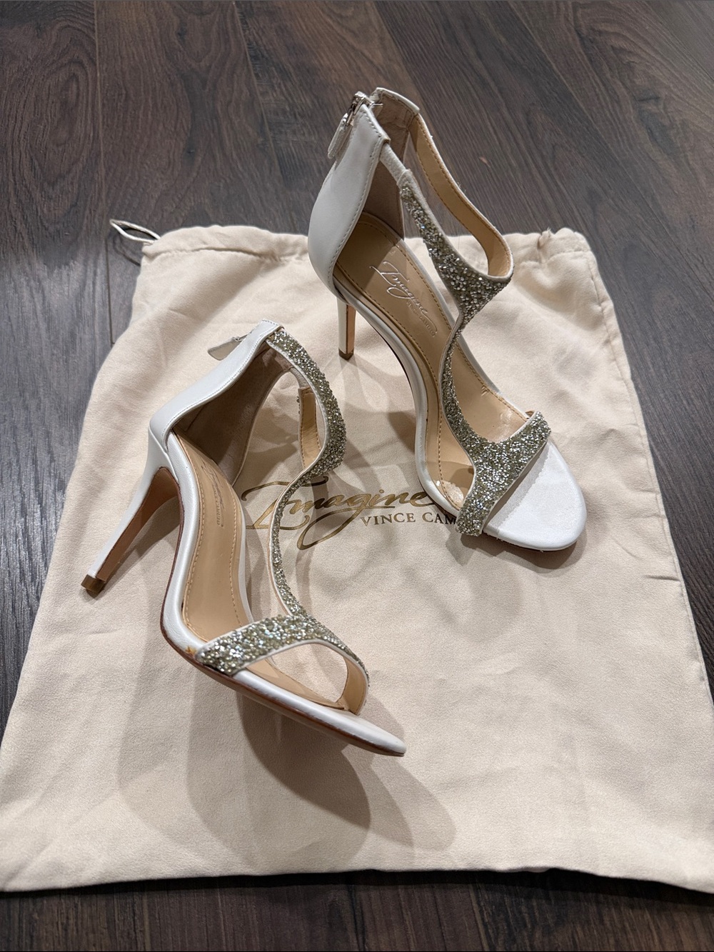 Imagine Vince Camuto White Glitter T-Strap Stiletto Sandals/Heels - 5